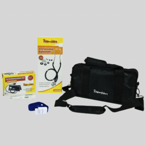 KIT ACADÊMICO: ESTETOSCÓPIO + ESFIGMOMANÔMETRO PRETO + TERMÔMETRO DIGITAL + GARROTE ADULTO + BOLSA