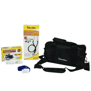 KIT ACADÊMICO: ESTETOSCÓPIO + ESFIGMOMANÔMETRO PRETO + TERMÔMETRO DIGITAL + GARROTE ADULTO + BOLSA
