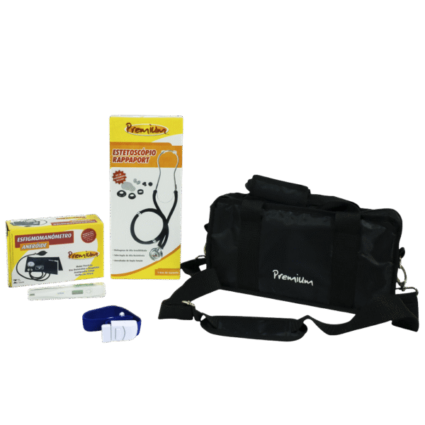 KIT ACADÊMICO: ESTETOSCÓPIO + ESFIGMOMANÔMETRO PRETO + TERMÔMETRO DIGITAL + GARROTE ADULTO + BOLSA